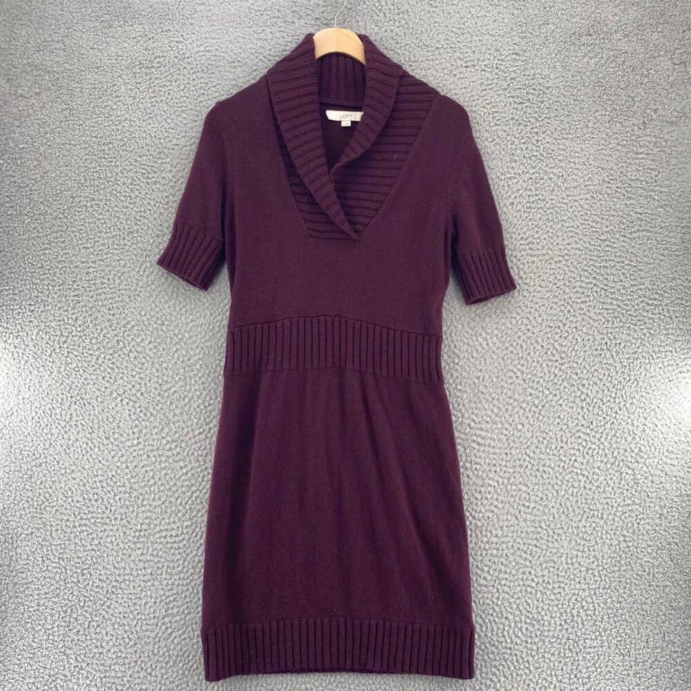 LOFT Dress Womens Medium Burgundy Sweater Shawl Neck Short Sleeve Ribbed Detail